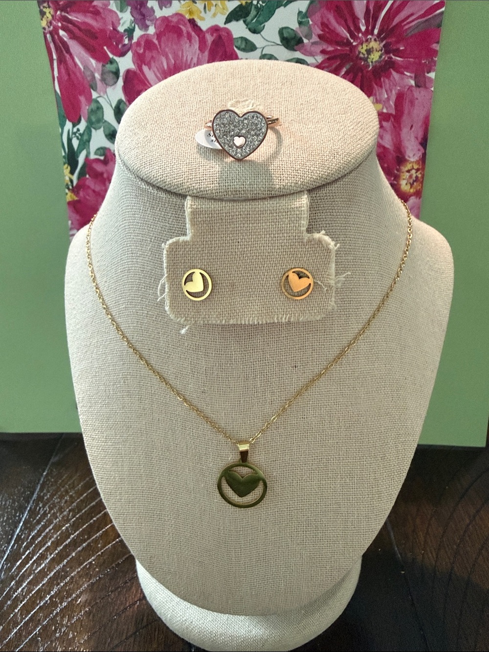 Stainless Steel Gold Tone Heart Pendant Necklace, Stud Earring Set & ring set